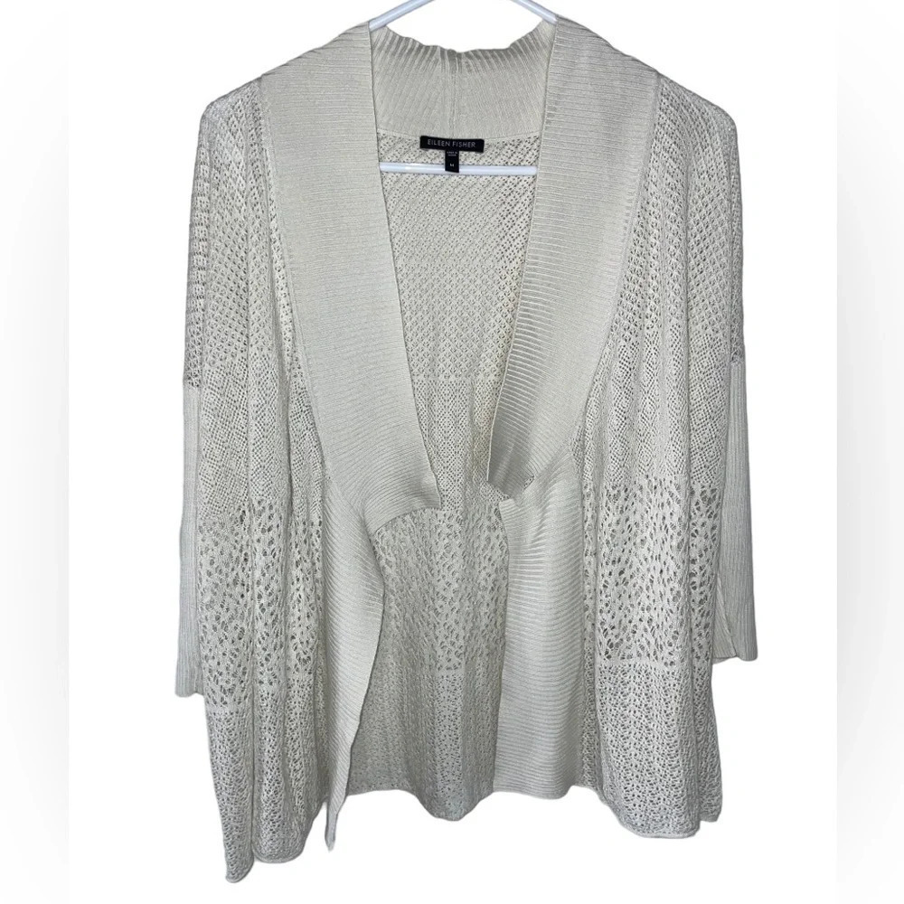 EILEEN FISHER Silk Waterfall Cardigan Sweater Neutral Ivory Boho Size Medium